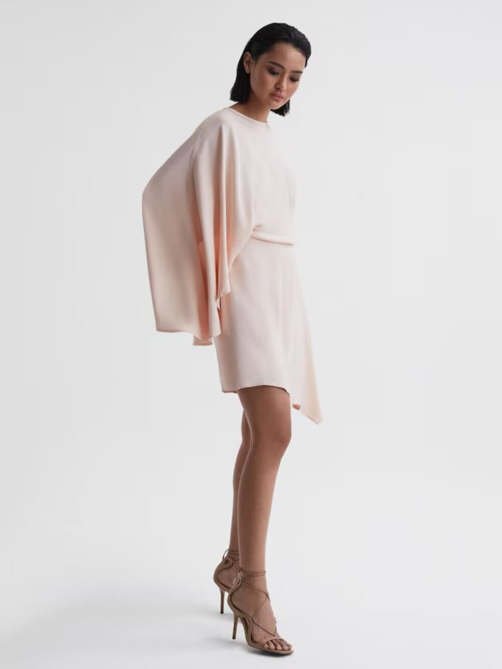 NWT REISS Christy Cape Sleeve Asymmetric Mini Dress in Nude US 2 / UK 6